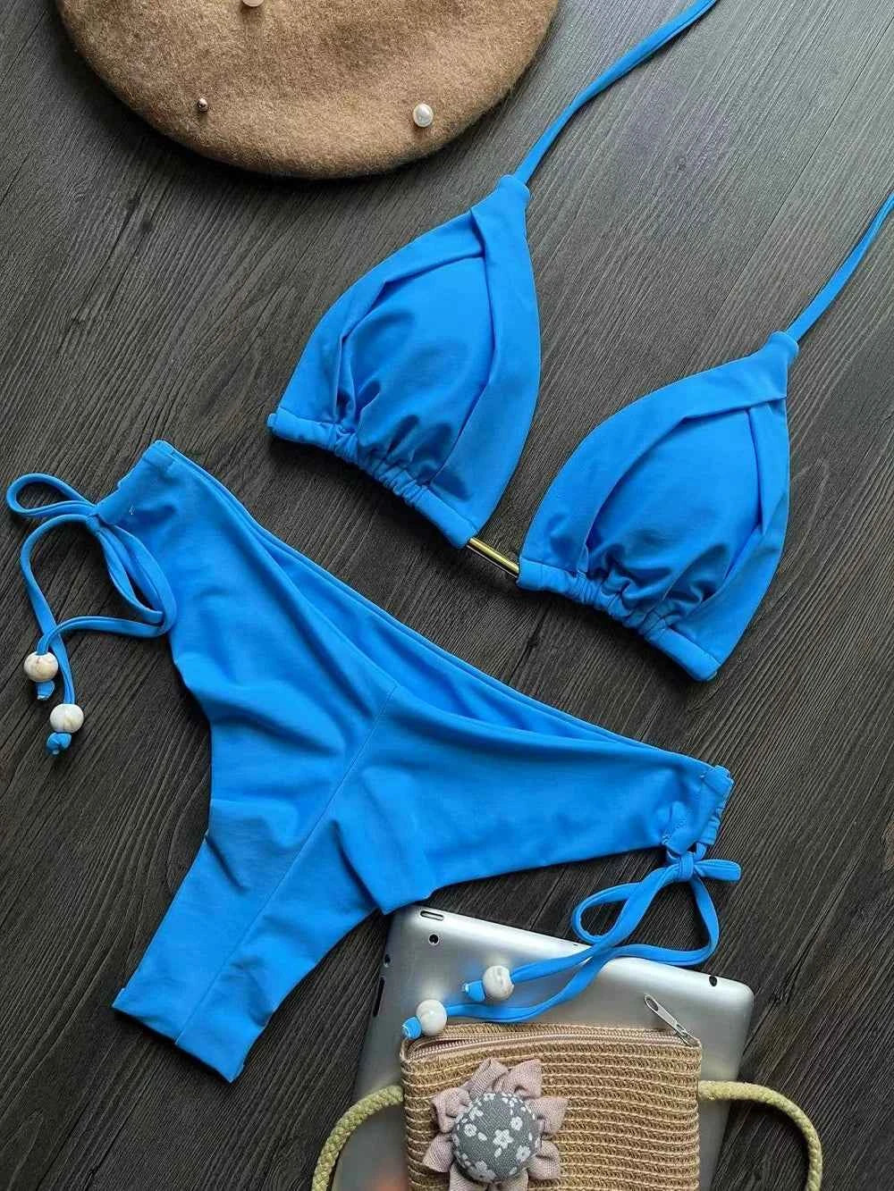 2024 sexy women bikini, brazilian triangle bikini, push-up swimsuit, metal chain beach bikini