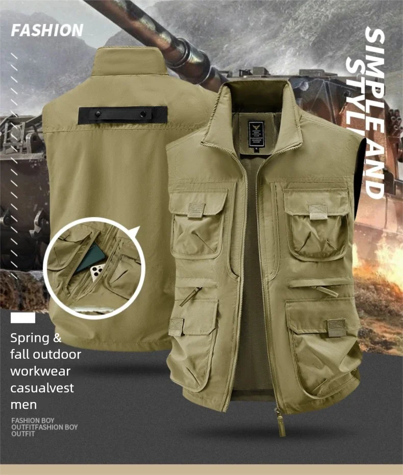 2025 Men's Outdoor Tooling Multi-Pocket Casual Outdoor Fishing Large Size Vest with Vertical Collar Breathable Quick-drying Vest