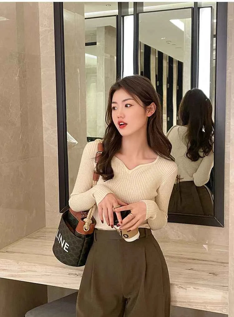 2026 Basic V-neck Chic  Autumn Winter Pullover Women Female Knitted Ribbed Sweater Slim Long Sleeve Badycon High Quality Sweater