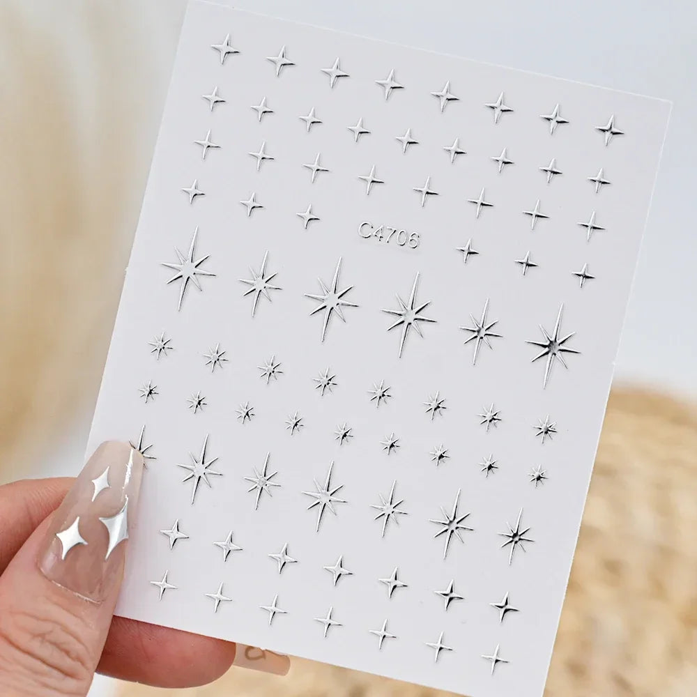 Metallic Silver 3D Star Chain Heart Nail Stickers 6 Sheets Self Adhesive Decals Professional Salon DIY Gel Nail Art Supply