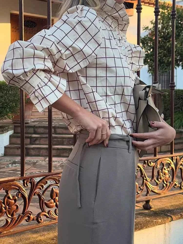 Sweet Women Ruffles Plaid Purple Shirts 2025 Fashion Ladies Casual Stand Collar Blouses for Party Female Elegant Tops Clothes