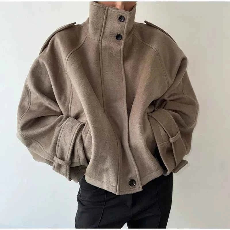Elegant Women's Short Woolen Coats Stand Collar Double Breasted Long Sleeve Female Jacket 2025 Autumn Winter Lady Warm Outwear