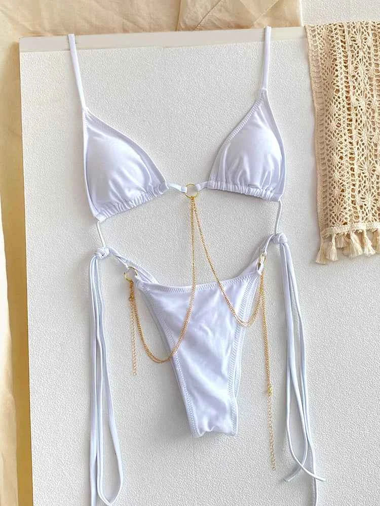 Sexy Triangle Chains Bikini Sets Micro Thongs Swimsuit Women Bathing Suit Biquini Bandage Beachwear Print Swimwear Thong Bikini