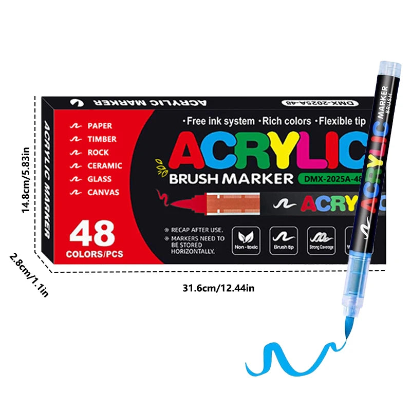Acrylic  Markers Brush Tip Paint Marker 12-72 Colors Acrylic Paint Pen for Rock Canvas Wood Ceramic Adult Coloring DIY Crafts