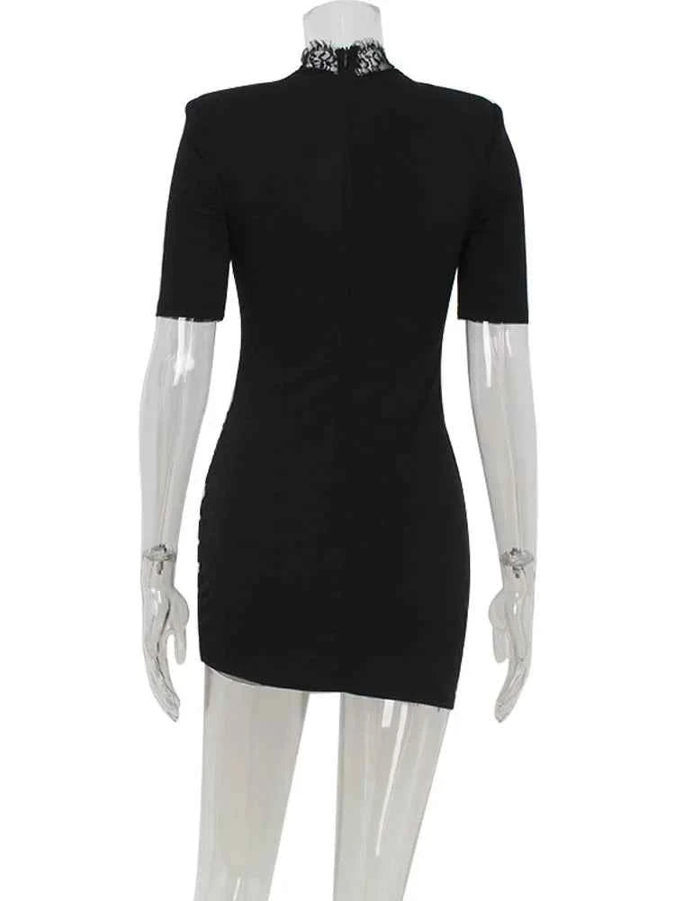 Huhugirl Lace Patchwork Hollow Out Bodycon Sheath High Collar Women Dresses Half Sleeve Outfits Sexy Club Fashion Female Vestido