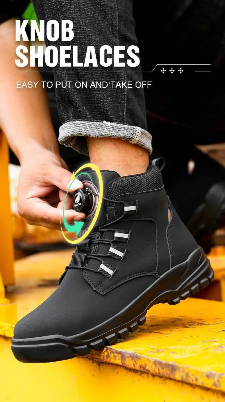 Leather Non Slip Work Boots for Men Rotating Button Safety Shoes Steel Toe Sneaker Male Puncture Proof Protective Boots