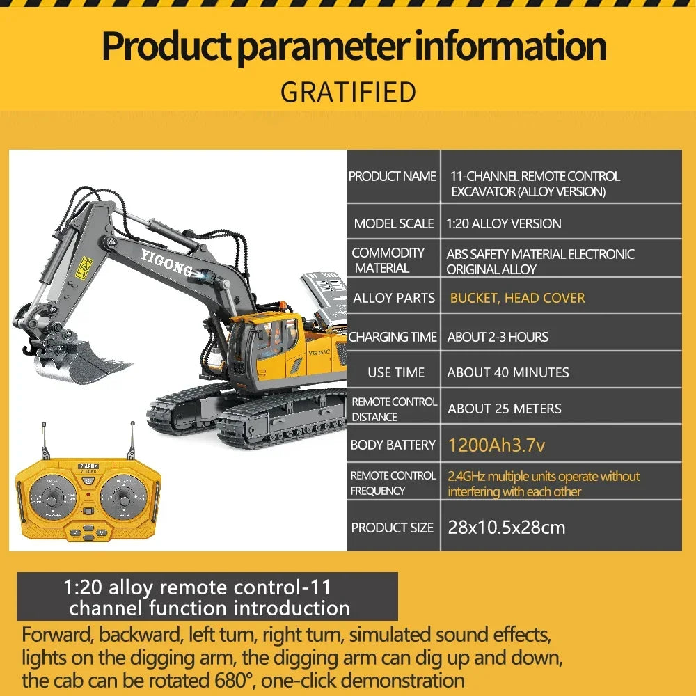 2.4G 11 Channels RC Excavator Dump Bulldozer Cart Trucks Bulldozer Alloy Vehicle  Remote Control Excavator Gift Toys for Boy
