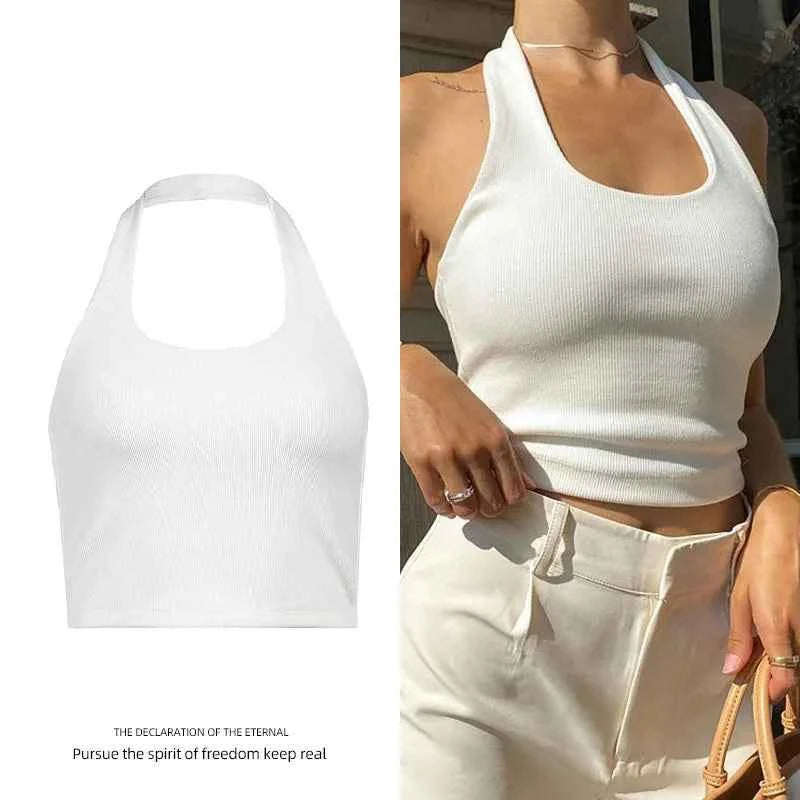 Women's Sexy Spice Hanging Neck Backless Small Suspenders Slim Short Neckline Solid Color Threaded Peplum Short Tops