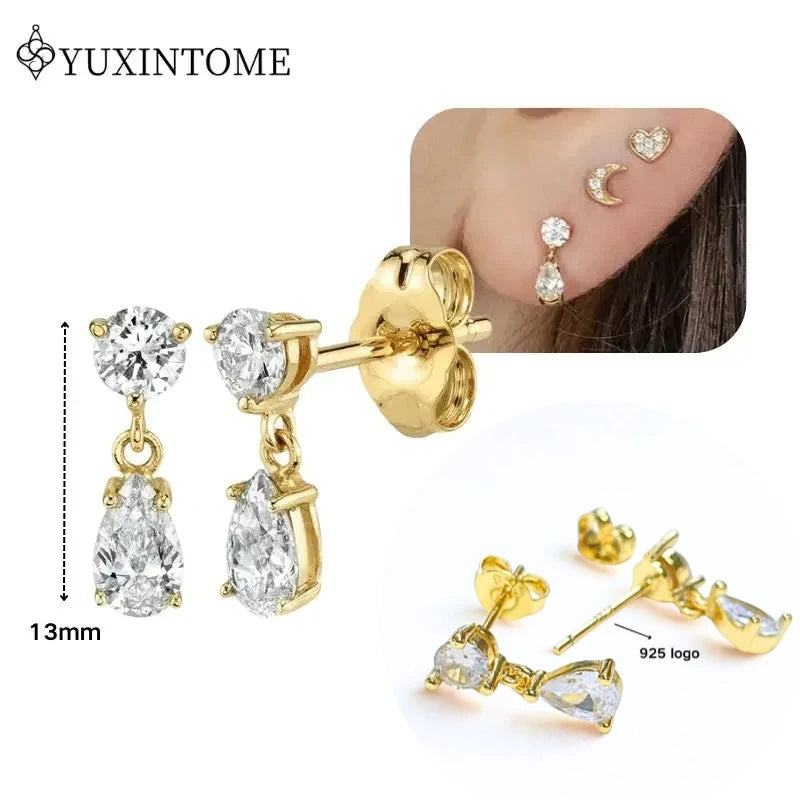 Women's 925 Sterling Silver Ear Needle Crystal Zircon Water Droplets Stud Hoop Gold Huggie Earrings Premium Luxury Party Jewelry