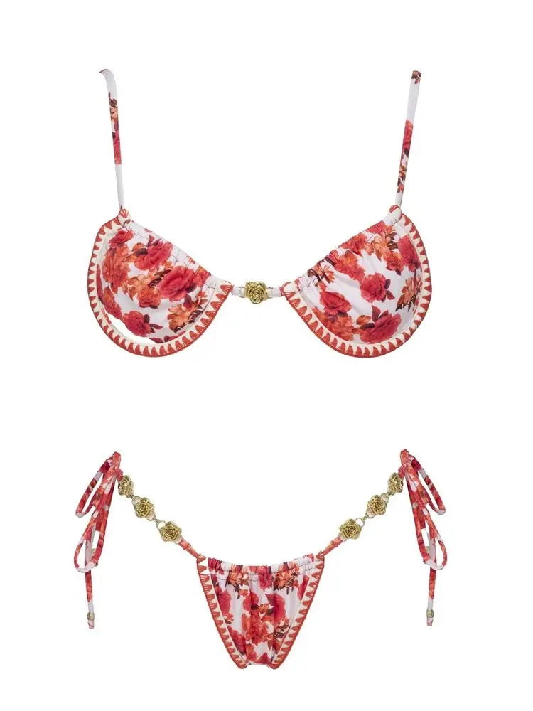 Print Bikini Swimsuit and Cover Up Bikini Set Women Sexy Lace Swimwear High Leg  Bathing Suit Beachwear Biquini