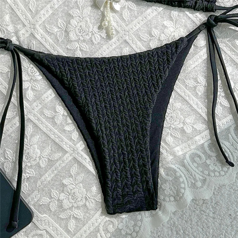 Yellow Halter String Triangle Micro Bikini Thong Solid Swimwears Bow Pearl Sexy Swimsuit Women Bathing Suit Bikinis Sets 2026