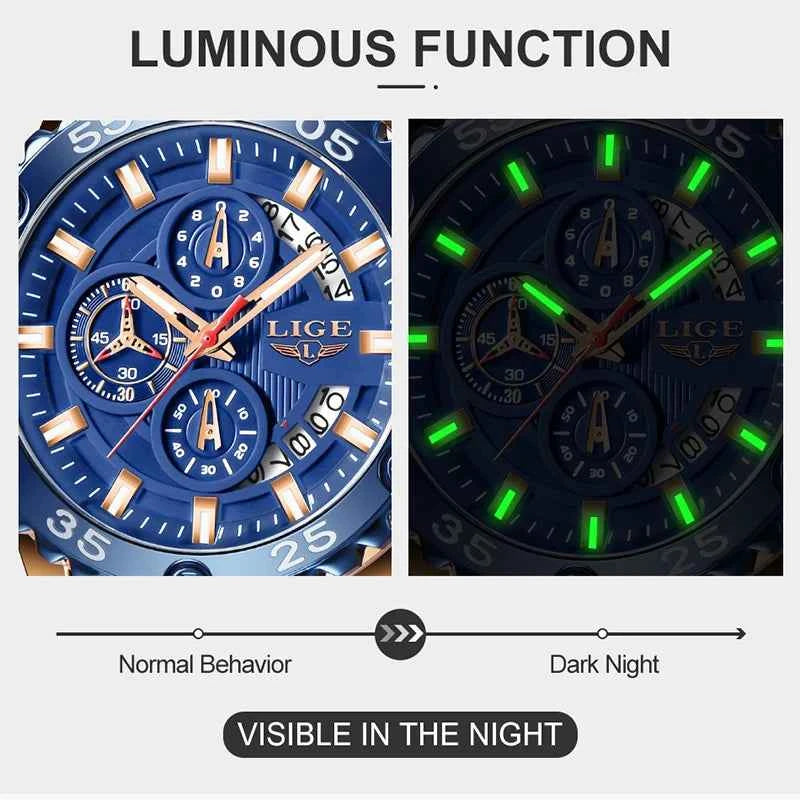 New Blue Watch LIGE Mens Watches Top Brand Luxury Big Dial Military Clock Quartz Watch Waterproof Sport Chronograph Erkek Saati