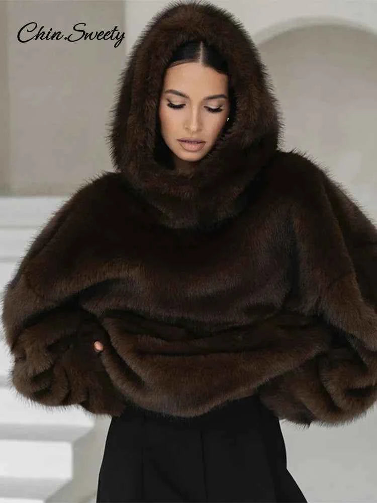 Women Solid Faux Fur Hooded Pullover Casual Full Sleeve Warm Loose Thick Tops Lady New Daily Chic Elegant Winter Outwear 2025
