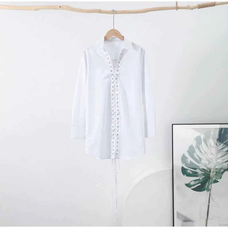 Fashion Lapel Long Sleeve Shirts & Blouses For Women Autumn Weave Drawstring Blouse Lady Holiday Street Chic Tops Ropa De Mujer