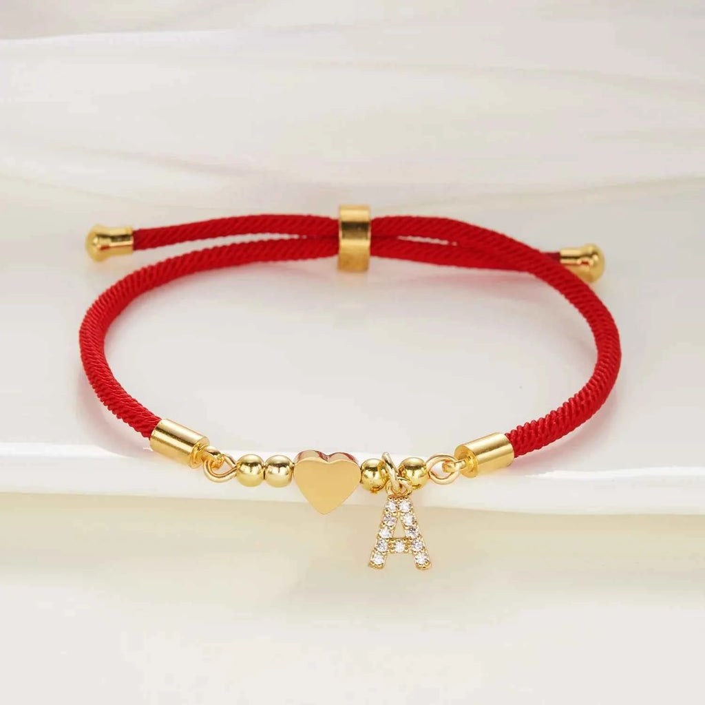 New Gold Stainless Steel Heart Initial Letter Bracelet - Red Rope Charm Jewelry for Men & Women, Lucky Gift