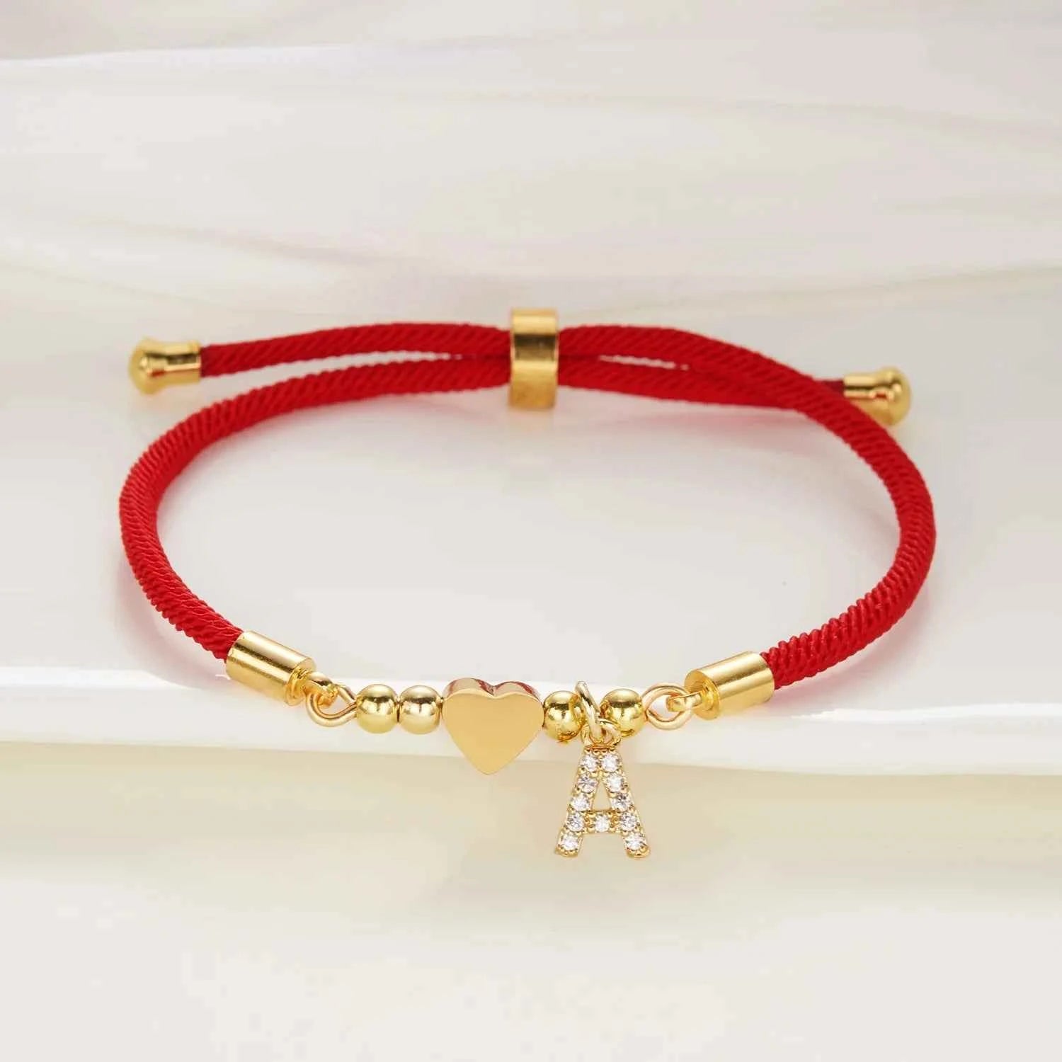 New Gold Stainless Steel Heart Initial Letter Bracelet - Red Rope Charm Jewelry for Men & Women, Lucky Gift