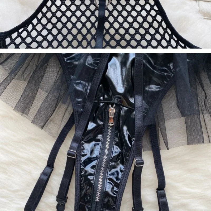 Hotsweet Women's Streetwear Mesh Patchwork Black Red Lady's Bodysuit Backless Sleeveless Halter Female Cool Wear Sexy Party Top