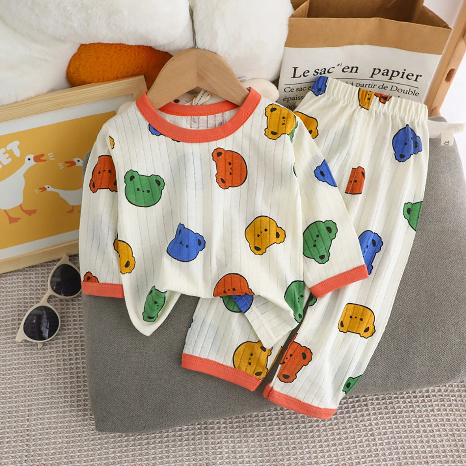 Summer Kids Cotton Pajama Sets Long Sleeve Pants Suitable Baby Gentle Nighttime Comfortable Sleepwear in Air Conditioned Rooms