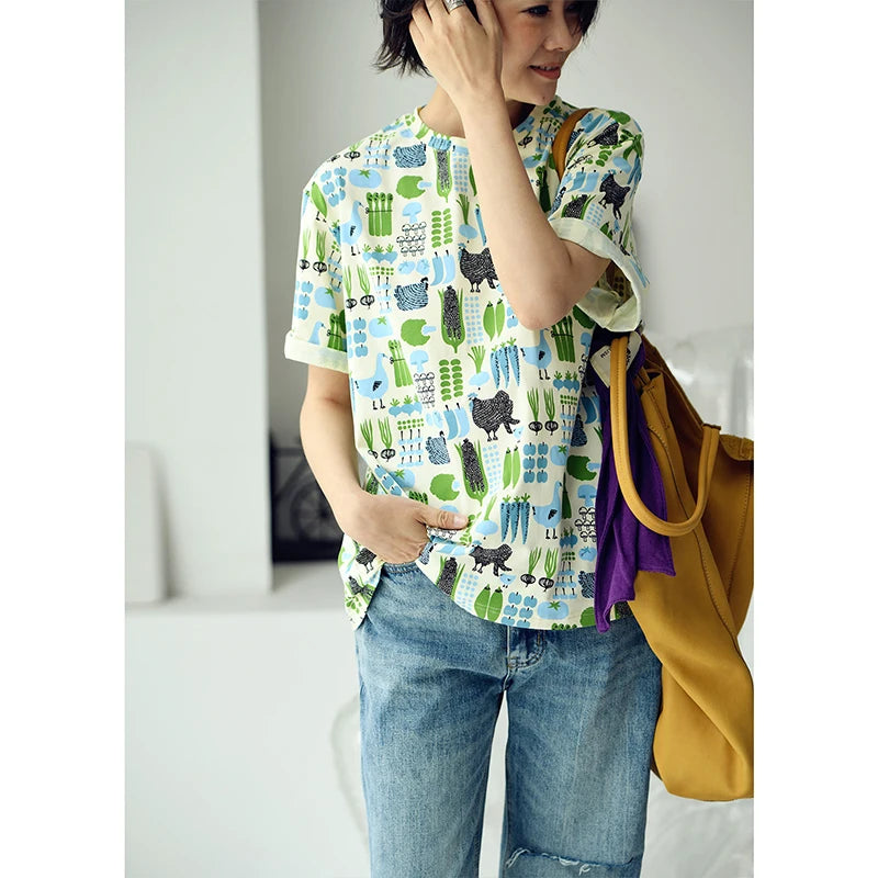 MICOCO T5310C Literary style fresh cartoon print loose crew neck short sleeve T-shirt women
