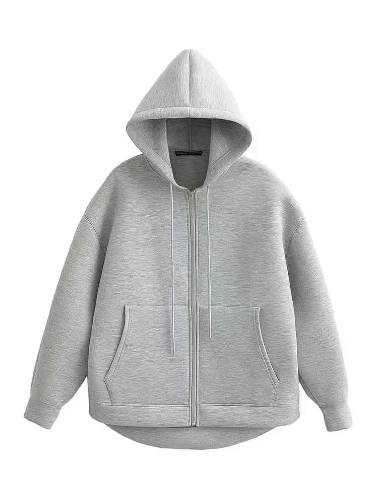 HH Winter New Women's Zipper Hoodie Coat High Street Double Pockets Jakcet Oversize Loose Sweatshirts Outerwear Top