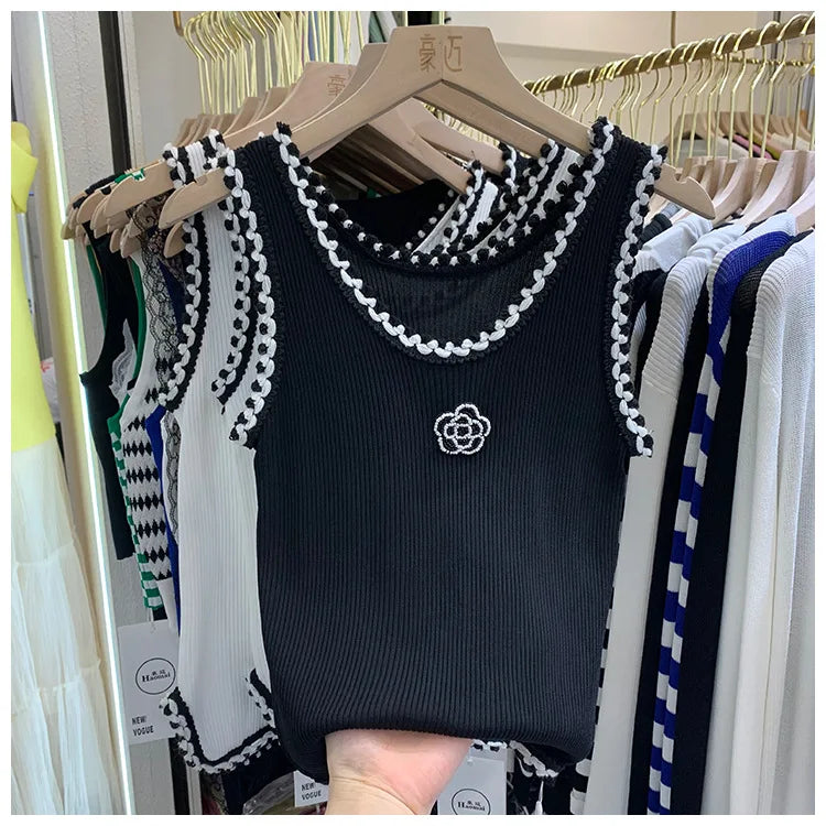 Women Summer Thin Curved Beads Knitted Vest Sleeveless Knit Camisole Tops Female O-Neck Outer Wear Inner Top Tank Rose