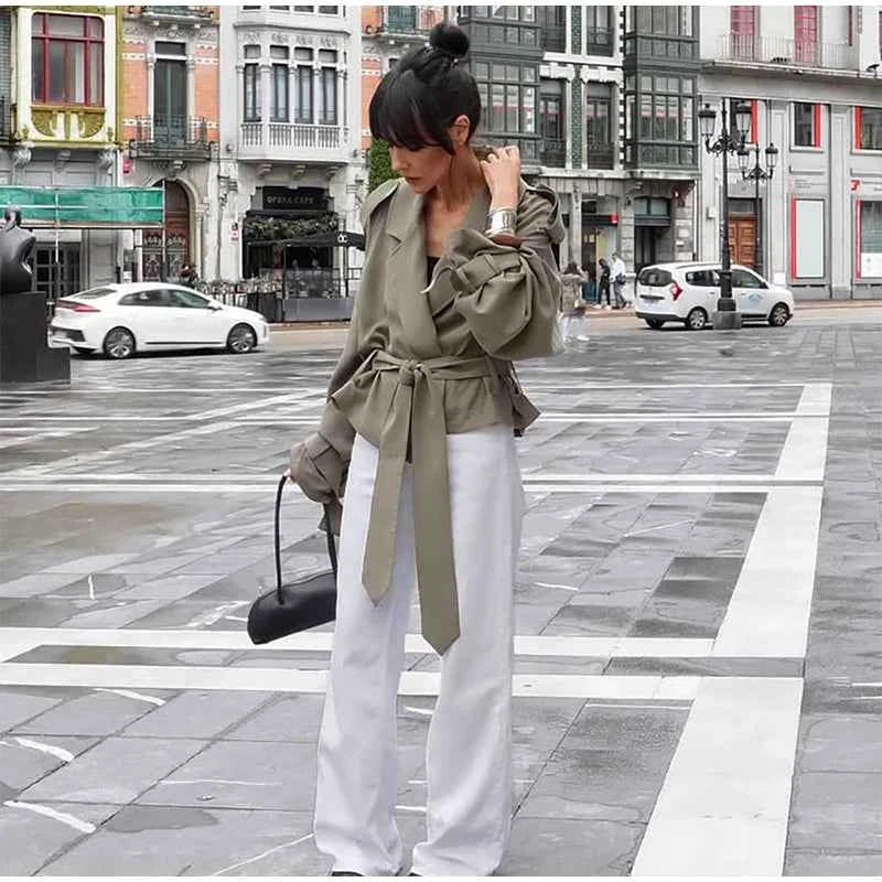 Cropped Lace-up Blue Casual Trench Coat Women Lapel Long Sleeve Wide Shoulder Windbreaker Jacket Fall Commute Daily Streetwear