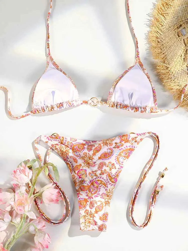 Sexy Triangle Chains Bikini Sets Micro Thongs Swimsuit Women Bathing Suit Biquini Bandage Beachwear Print Swimwear Thong Bikini