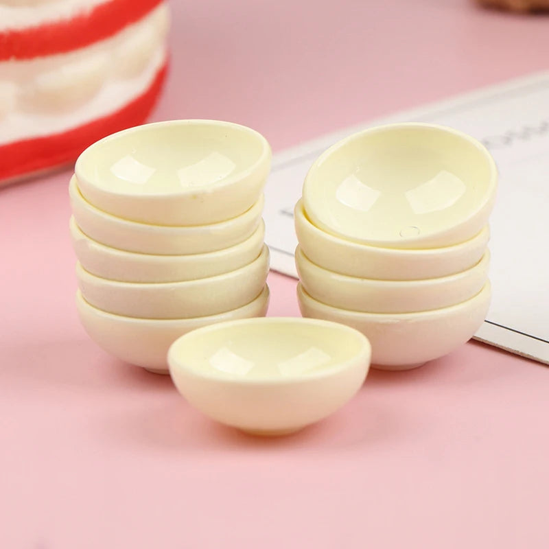 10pcs Dollhouse Miniature Bowl Dish Round Rice Bowl Tableware Dollhouse Kitchen Dining Accessory Resin Play House Toys