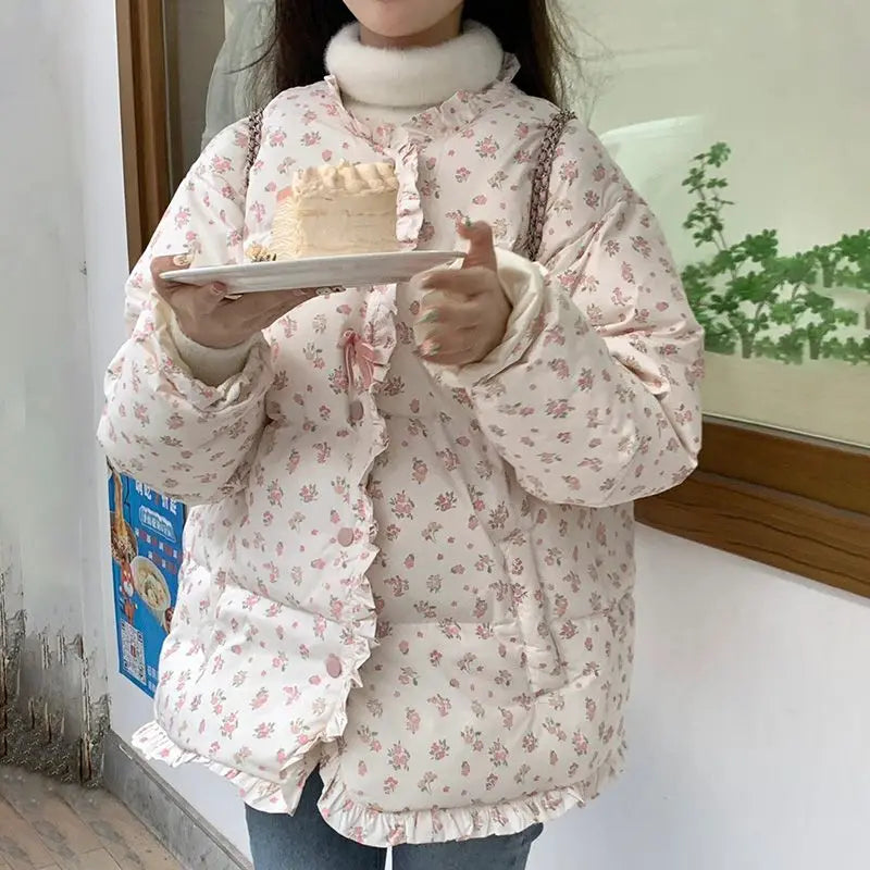 OCEANLOVE Autumn Winter Jackets Women Korean Fashion Sweet Ruffles Warm Parkas Coats  Vintage Thick Cute Outwears