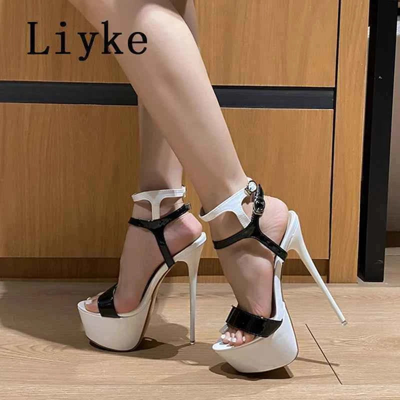Liyke Sexy Red High Heels Platform Sandals For Women Fashion Double Buckle Strap Open Toe Wedding Banquet Shoes Big Size 45 46