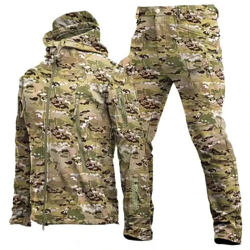 Winter Autumn Tactical Jackets Elastic Men Fleece Waterproof Suits Fishing Warm Hiking Camping Tracksuits Set Hood Coat S-5XL