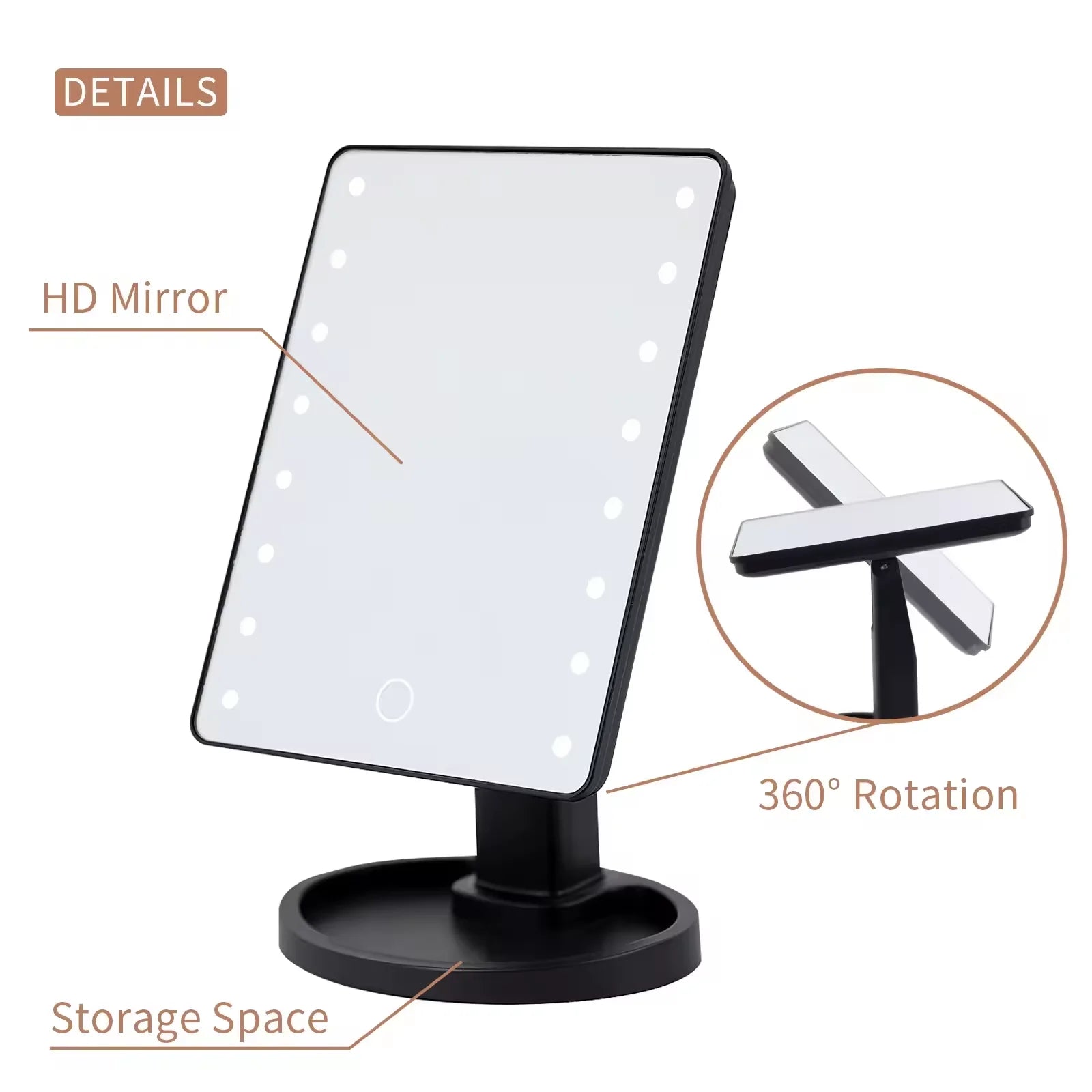 Lighted Vanity Makeup Mirror Rotation LED Mirror Touch Screen Adjusted Brightness Desk USB Dual Supply Bathroom Cosmetic Mirrors