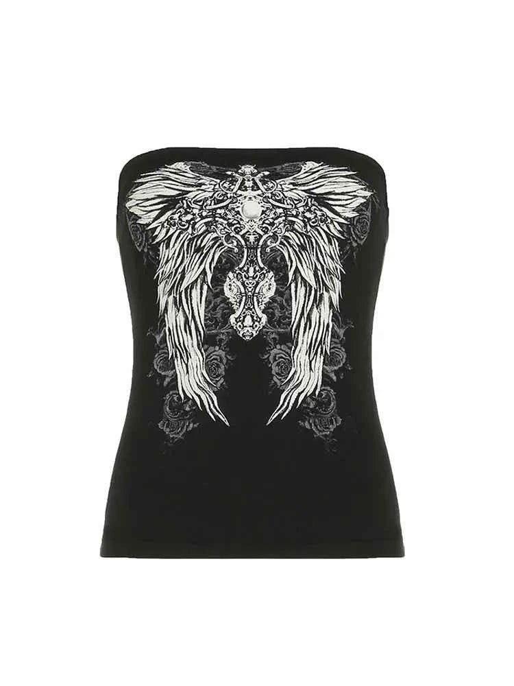 Gothic Print Black Strapless Tube Top Women Skinny Cropped Summer Casual Chic Graphic Tee Y2K Streetwear Basic Vest