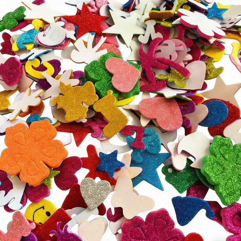 100PCS Glitter Foam Stickers Assorted Shapes Self-Adhesive Craft Stickers for Kids DIY Scrapbooking Card Making Classroom Decor