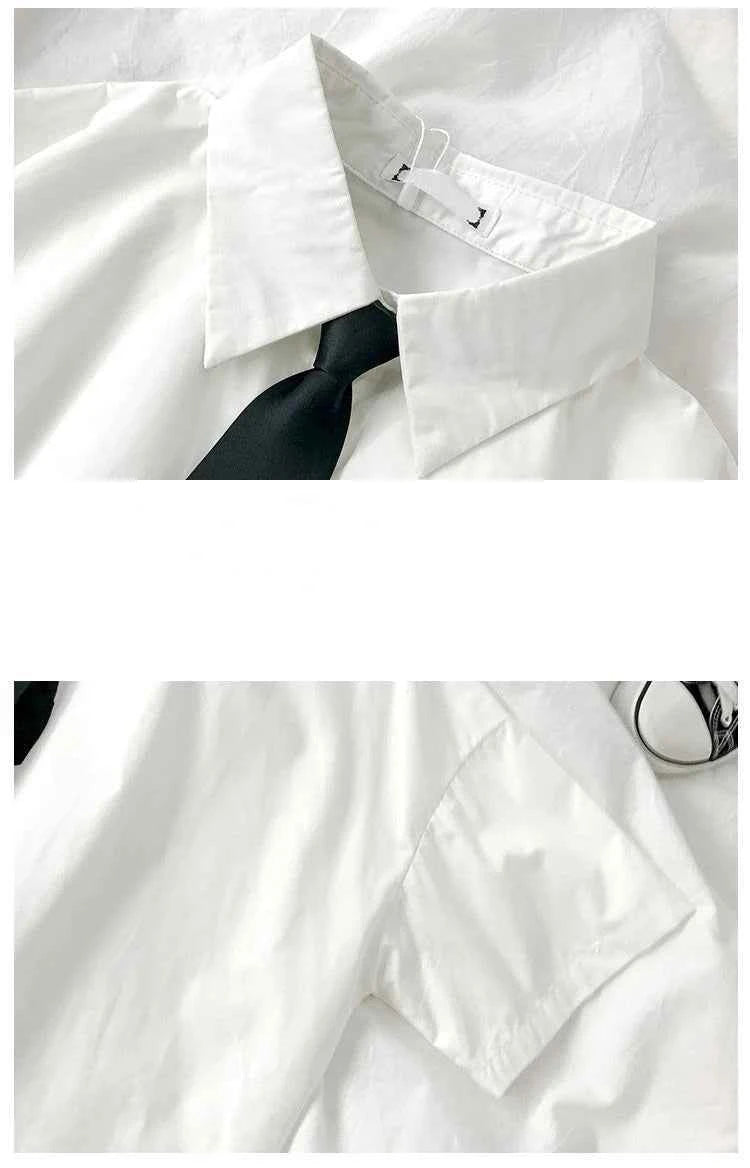 E-BAIHU 2025 White Shirt Women Blusas Short Sleeve Lapel Blouse with Tie Japanese Fashion Student Summer Daily College Style Top