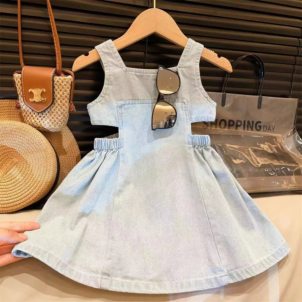 Summer Girls Blue Denim Sling Dress 2 - 7 Years Old Kids' Waist - Revealing Design Casual Princess Dress Stylish Children Outfit