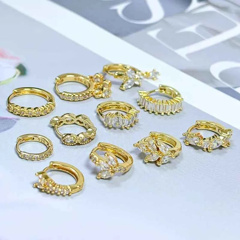 Women's 925 Sterling Silver Ear Needle Crystal Zircon Water Droplets Stud Hoop Gold Huggie Earrings Premium Luxury Party Jewelry