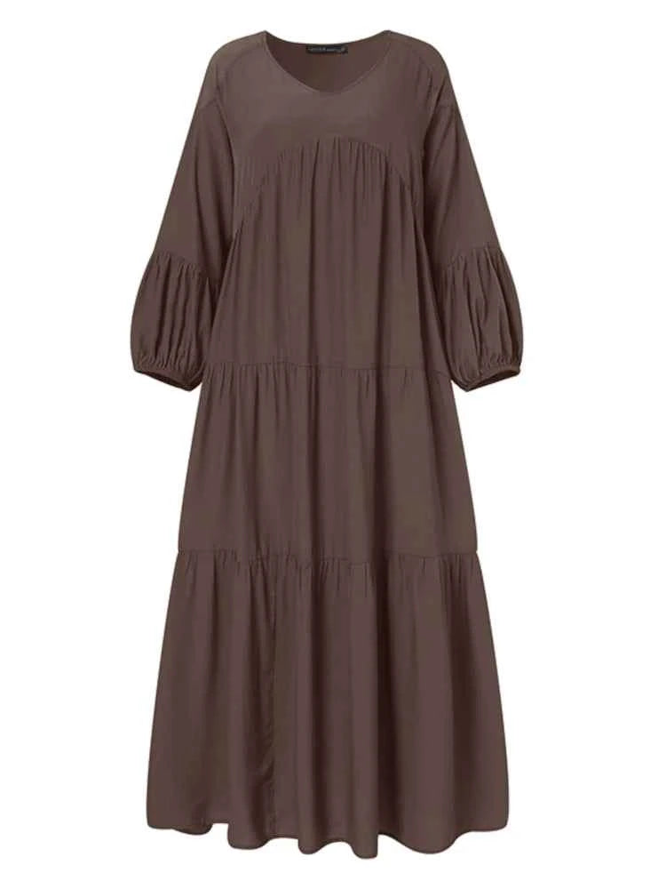 ZANZEA Vintage Ruffle Dress Women's Spring Sundress Casual Puff Sleeve Maxi Vestidos Female V Neck Robe Elegant Long Dresses