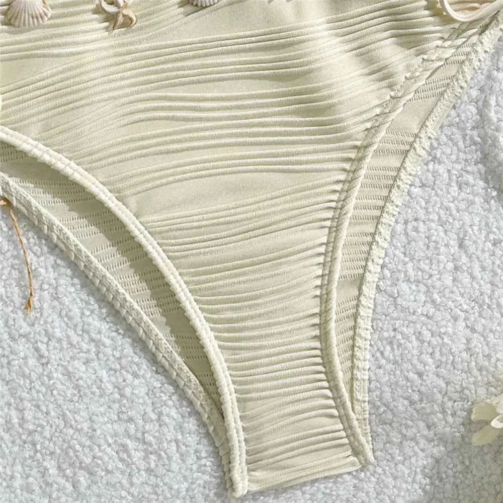 Shell Starfish Edge Bandeau Bikinis Sets Yellow Texture Solid Swimwears Sexy Swimsuit Women 2026 Lace-up Bathing Suit Bikini