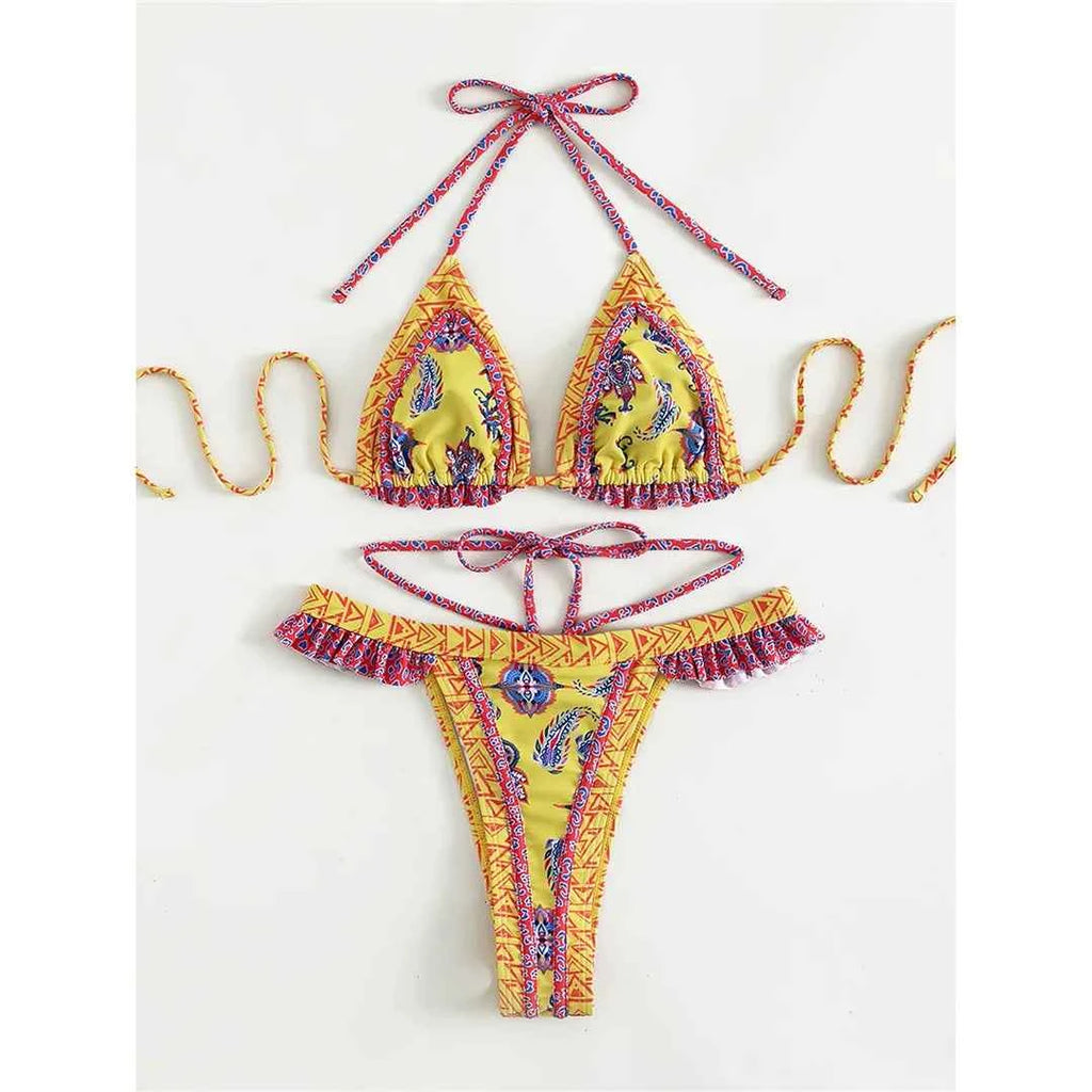 5 Colors Sexy Printed Halter Frilled Bikini Women Swimwear Female Swimsuit Two-pieces Bikini set Bather Bathing Suit Swim V4651
