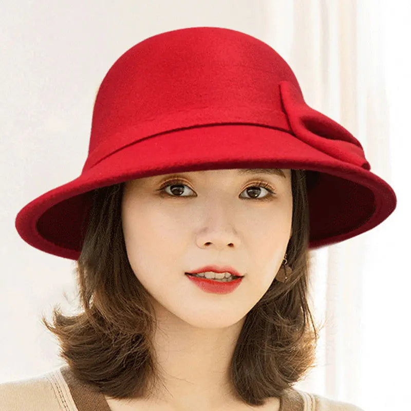 Women Elegant Wool Felt Fedoras Hat Autumn Winter Warm Solid Color Bow Bucket Dome Cap Ladies Fashion Retro Church Top Hats