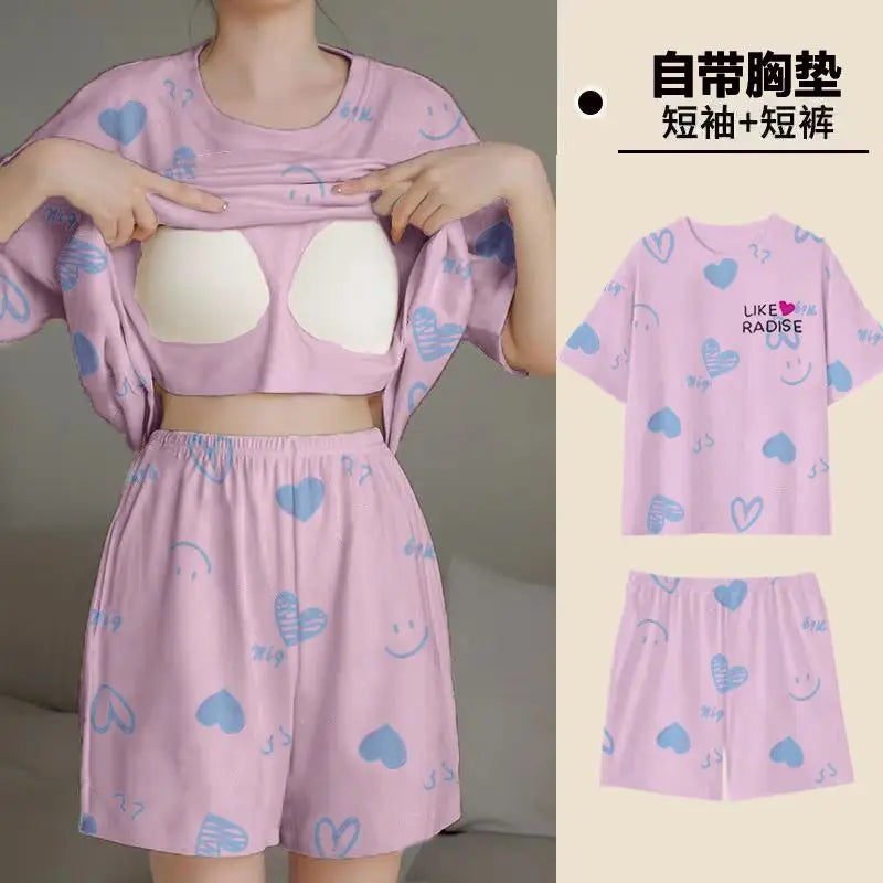 Summer Women's Pajamas Set Sleepwear 2 PCS - Short Tank Tops and Shorts with Chest Pad Womens Printing Pyjama Home Leisure Suit