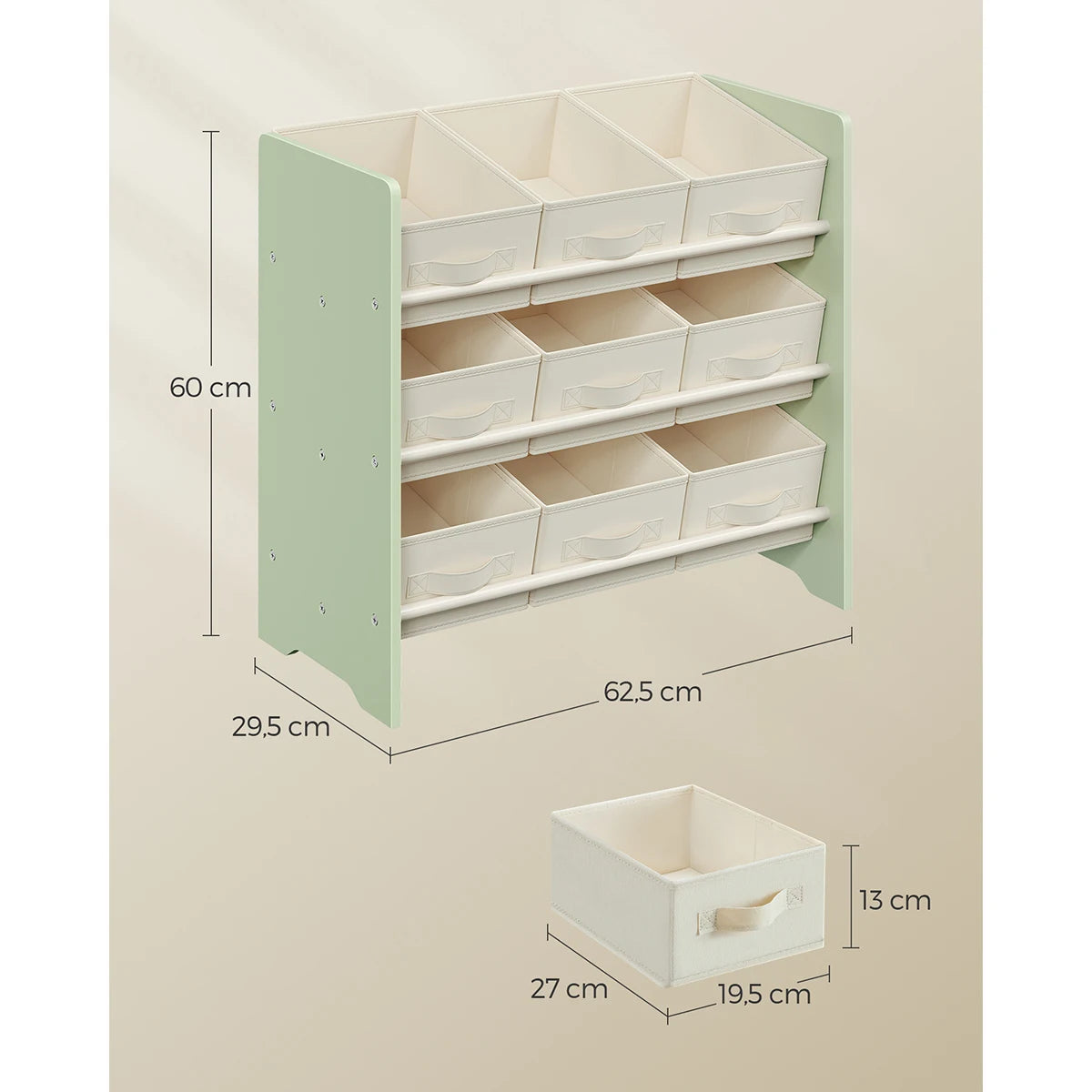 Petit meuble de rangement, avec Boîtes de Rangement en Tissu Non-tissé, pour Chambre d’Enfant, 29,5 x 62,5 x 60 cm, Vert Laurie