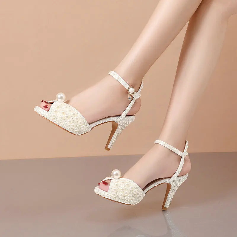 2025 Autumn New Fish Mouth High Heels Waterproof Platform Shallow Mouth 8.5cm Pearl Women'S Single Shoes Bride Wedding Shoes