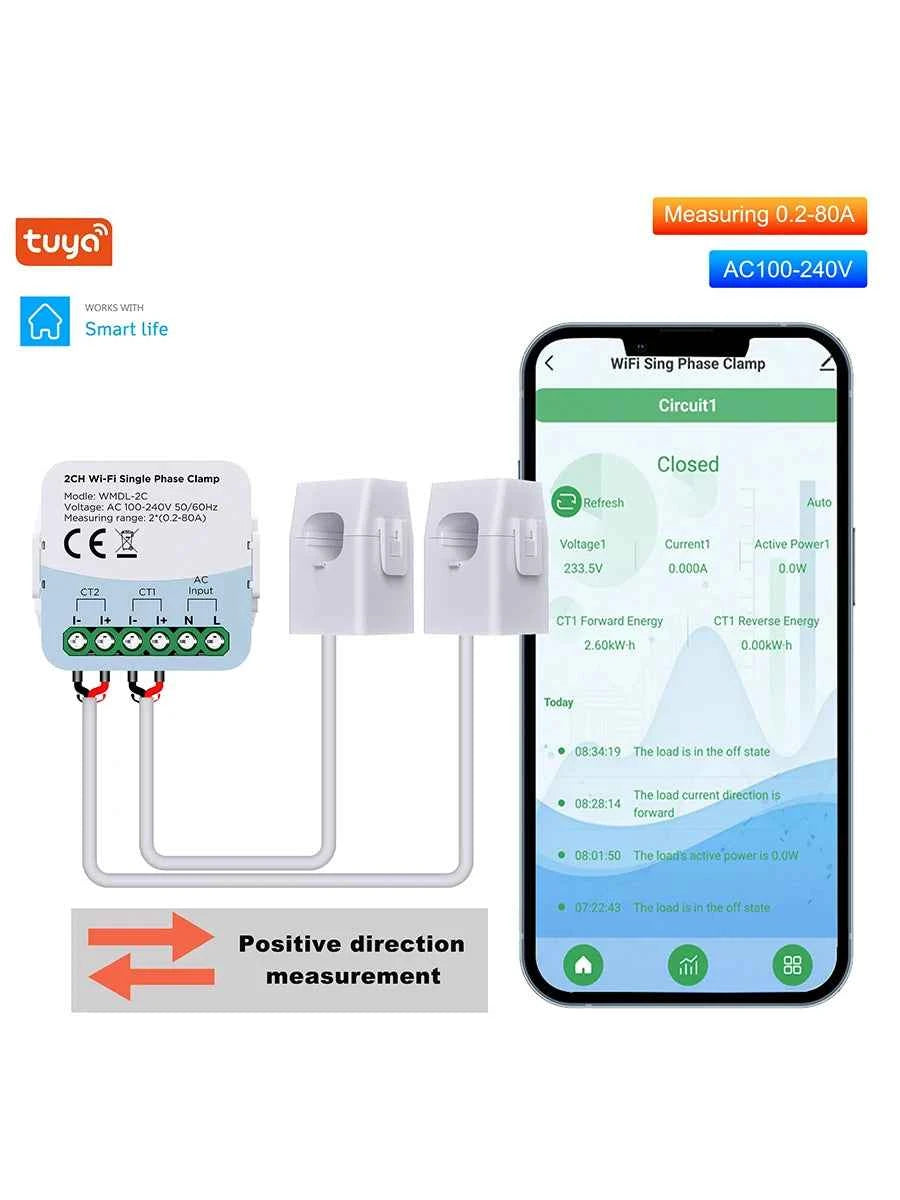 Tuya Smart Energy Meter WIFI Bidirection 2 Channel with Current Transformer Clamp App Monitor Power 80A 110V/240V