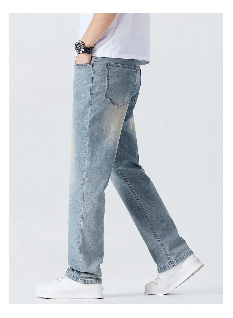 Men's Summer Thin Comfortable Jeans, Fashionable and Breathable Business Straight Pants, Loose Retro Casual Denim Trousers