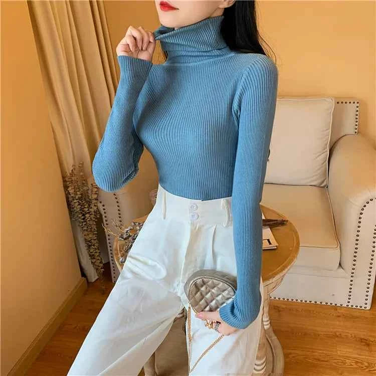 2026 Autumn Winter Women Long Sleeve Knitted Foldover Turtleneck Ribbed Pull Sweater Soft Warm Femme Jumper Pullover Clothes