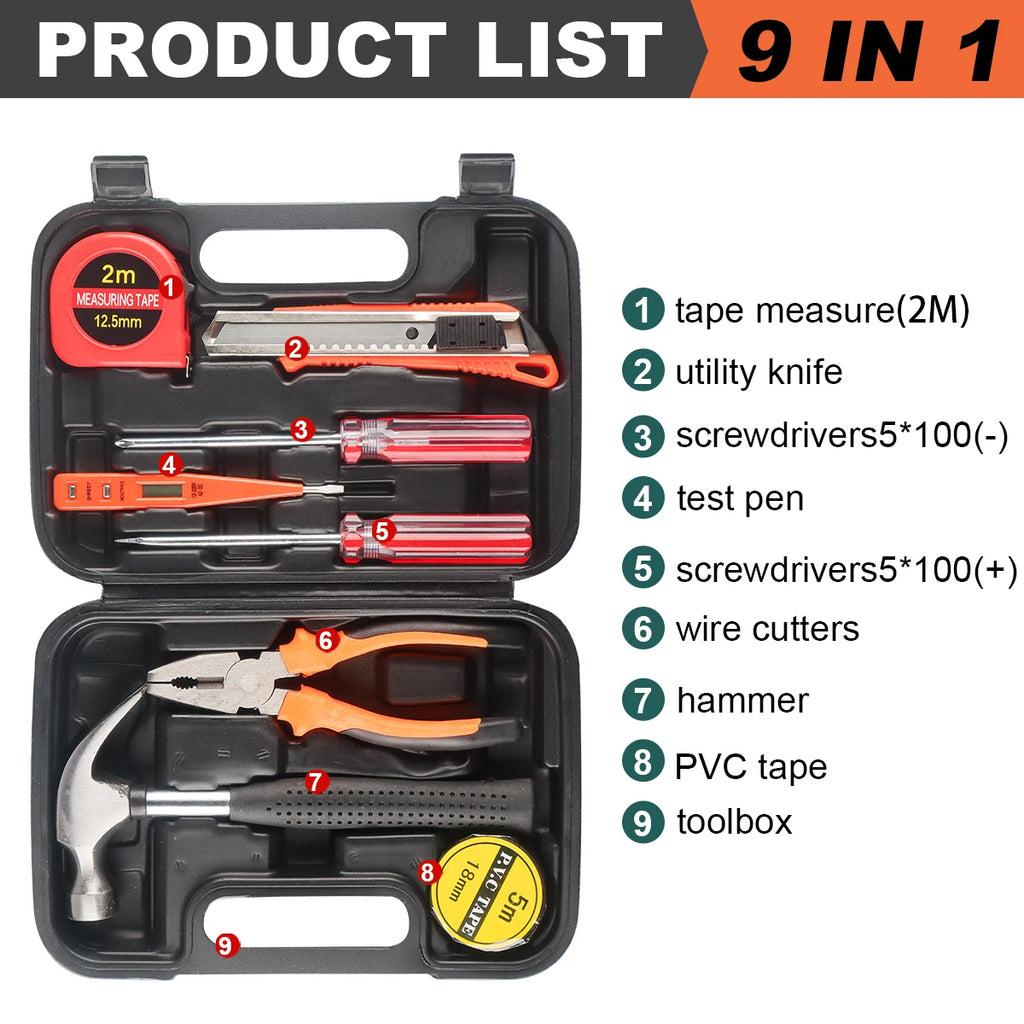 Household hand Tools Set General House hold Hand Tool Kit with Plastic Toolbox Storage Case Used to Car repair And home Repair