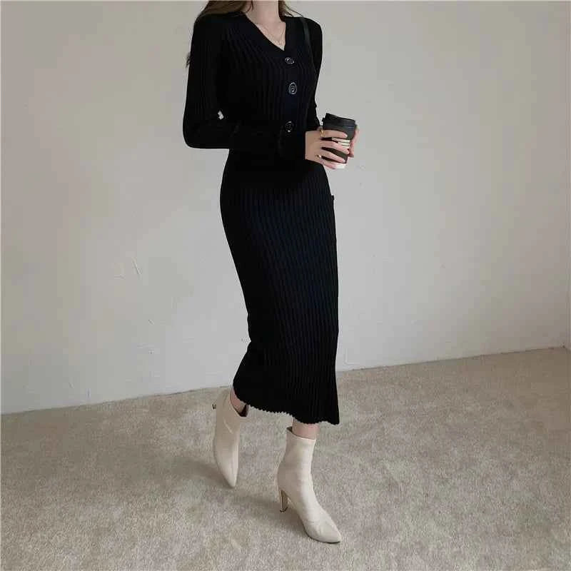 Autumn Winter Sweater Dress For Women 2024 New Arrivals Buttons Up V Neck High Waist Long Knitted Dress Korean Maxi Dresses