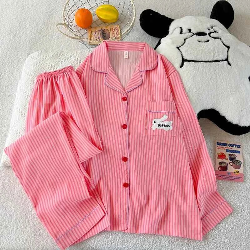 Embroidery Letter Pajamas Set Striped Rabbit Print Autumn Long Sleepwear Home Suit 2025 Lapel Neck New 2 Pcs Women's Pajamas